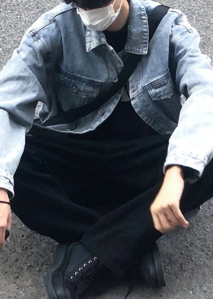 TC043 Collar Spring Simple Peter Coats Button Denim Mens Pan Blue