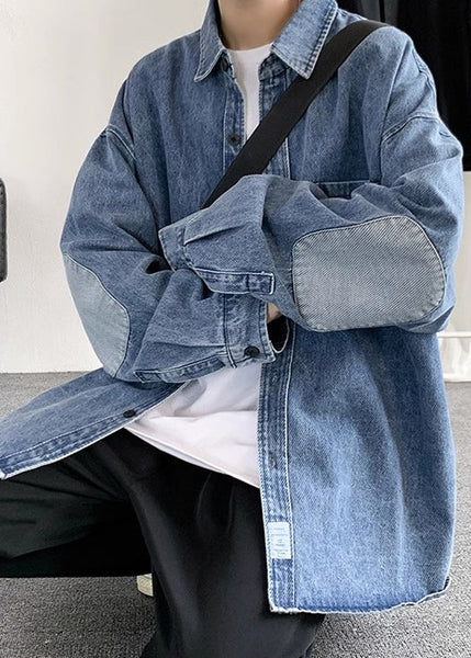 Mens Collar Denim Patchwork Blue Simple Peter Shirts Pan Pockets FashionChic