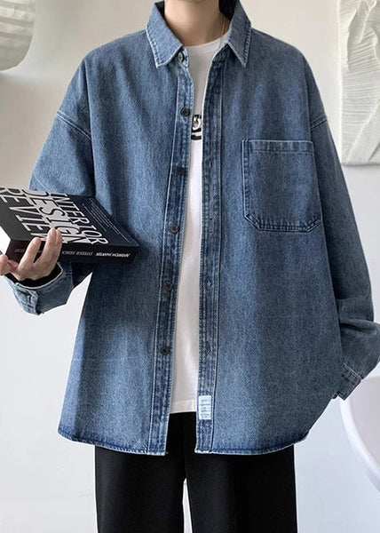 Mens Collar Denim Patchwork Blue Simple Peter Shirts Pan Pockets FashionChic