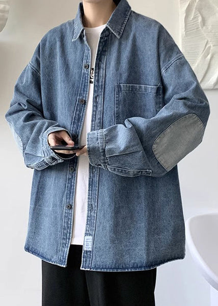 Mens Collar Denim Patchwork Blue Simple Peter Shirts Pan Pockets FashionChic