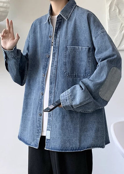 Mens Collar Denim Patchwork Blue Simple Peter Shirts Pan Pockets FashionChic