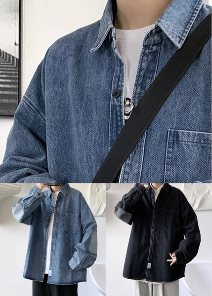 Mens Collar Denim Patchwork Blue Simple Peter Shirts Pan Pockets FashionChic
