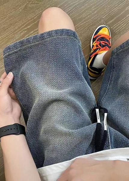Blue Men Denim Elastic Shorts Waist Simple Summer Pockets FashionChic