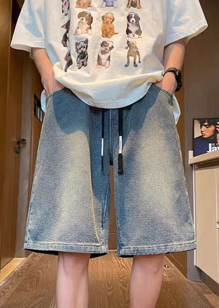 Blue Men Denim Elastic Shorts Waist Simple Summer Pockets FashionChic