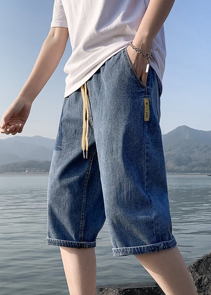 Simple Blue Pockets Elastic Waist Solid Denim Men Crop Pants Summer YL030 ABC