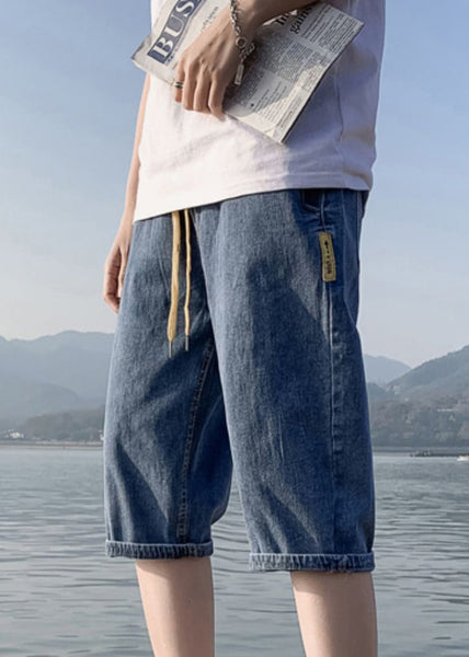 Simple Blue Pockets Elastic Waist Solid Denim Men Crop Pants Summer YL030 ABC