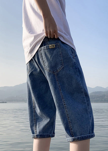 Simple Blue Pockets Elastic Waist Solid Denim Men Crop Pants Summer YL030 ABC