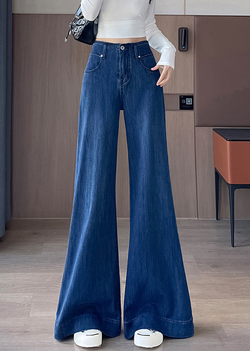 Blue Waist Fall Simple Denim Pockets Trousers High Flared FashionChic
