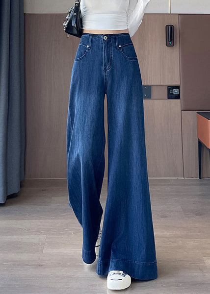 Blue Waist Fall Simple Denim Pockets Trousers High Flared FashionChic