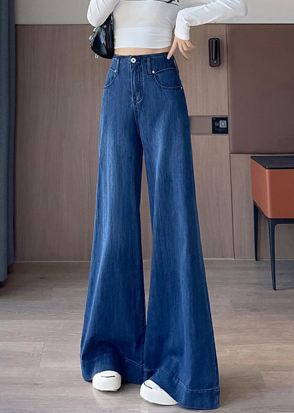Blue Waist Fall Simple Denim Pockets Trousers High Flared FashionChic