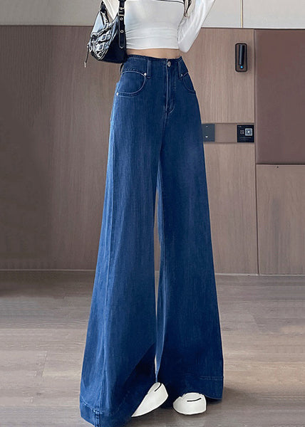 Blue Waist Fall Simple Denim Pockets Trousers High Flared FashionChic