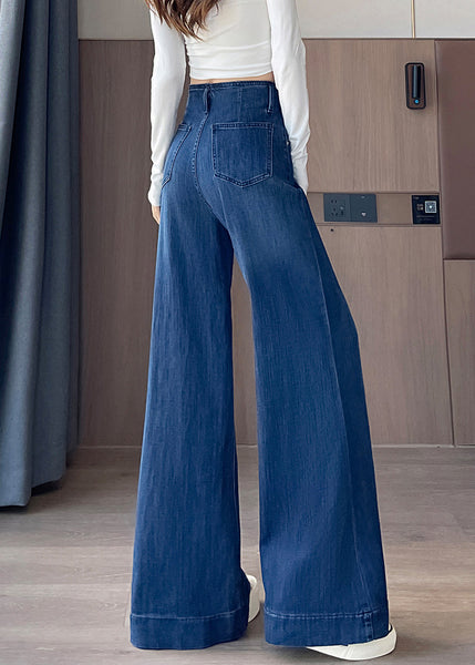 Blue Waist Fall Simple Denim Pockets Trousers High Flared FashionChic