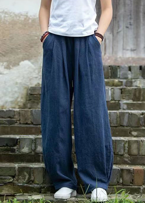 Simple Blue Pockets Solid Linen Pants Summer QE022 MZF-LPTS240927