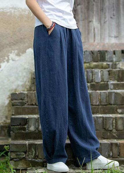 Simple Blue Pockets Solid Linen Pants Summer QE022 MZF-LPTS240927