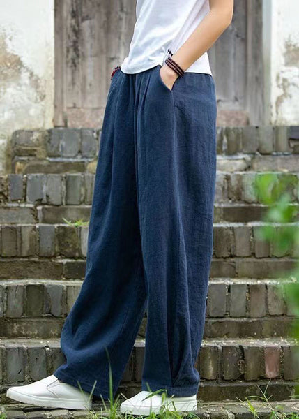 Simple Blue Pockets Solid Linen Pants Summer QE022 MZF-LPTS240927