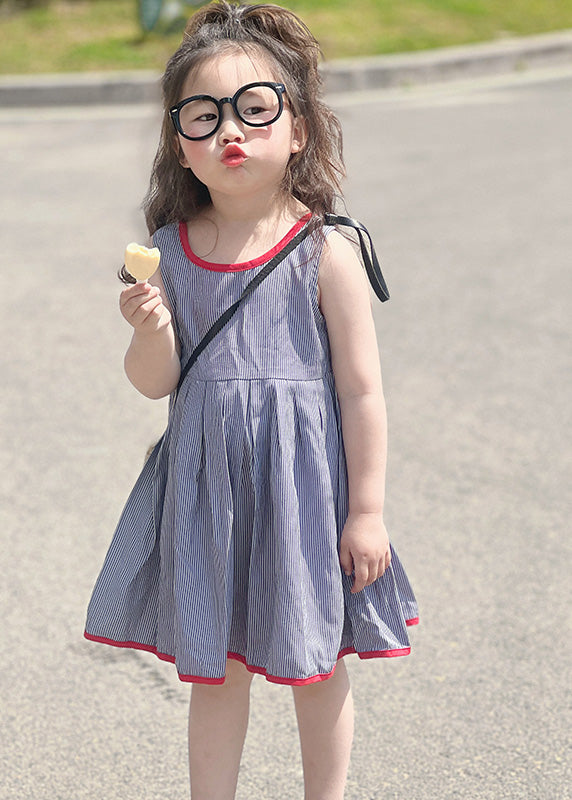 Simple Blue Striped Patchwork Kids Strap Mid Dress Sleeveless GF014 MM-RCTZ-SDM230724