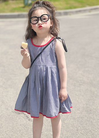 Simple Blue Striped Patchwork Kids Strap Mid Dress Sleeveless GF014 MM-RCTZ-SDM230724