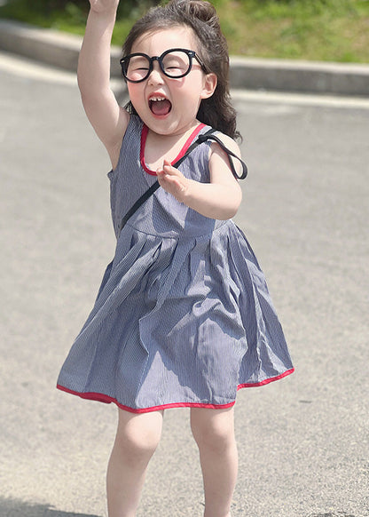 Simple Blue Striped Patchwork Kids Strap Mid Dress Sleeveless GF014 MM-RCTZ-SDM230724