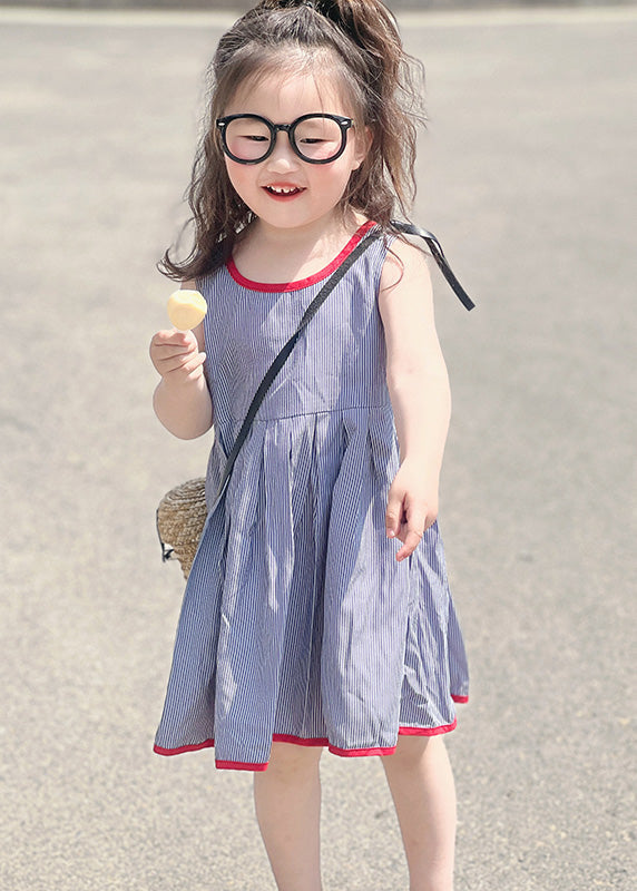 Simple Blue Striped Patchwork Kids Strap Mid Dress Sleeveless GF014 MM-RCTZ-SDM230724