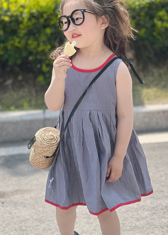 Simple Blue Striped Patchwork Kids Strap Mid Dress Sleeveless GF014 MM-RCTZ-SDM230724