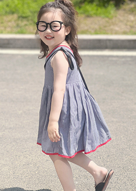 Simple Blue Striped Patchwork Kids Strap Mid Dress Sleeveless GF014 MM-RCTZ-SDM230724