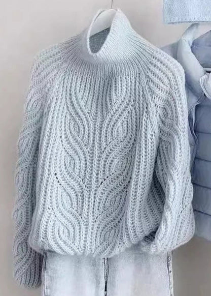 Simple Blue Turtleneck Hollow Out Knit Sweaters Spring YW018 ABC