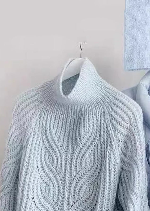 Simple Blue Turtleneck Hollow Out Knit Sweaters Spring YW018 ABC