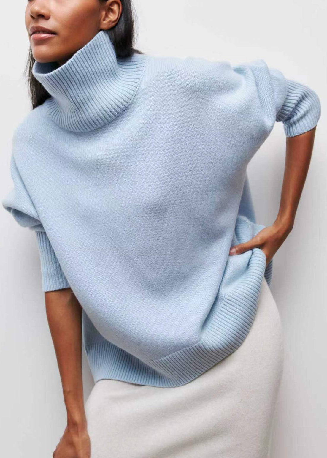 Spring Turtleneck Simple Blue Solid Knit Sweaters FashionChic