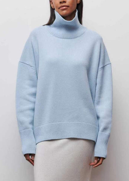 Spring Turtleneck Simple Blue Solid Knit Sweaters FashionChic