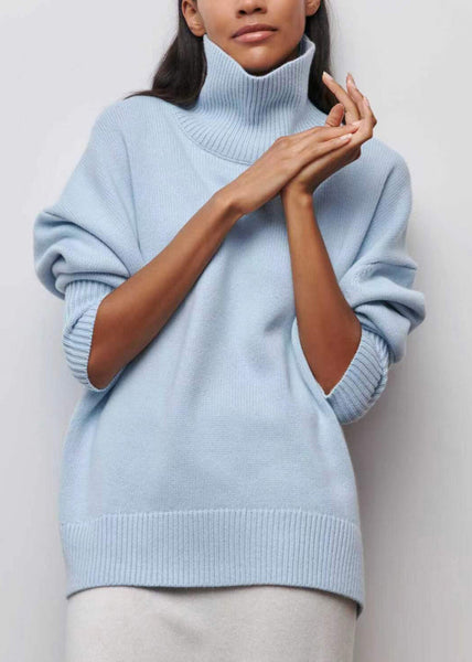 Spring Turtleneck Simple Blue Solid Knit Sweaters FashionChic