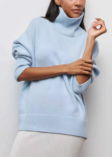 Spring Turtleneck Simple Blue Solid Knit Sweaters FashionChic