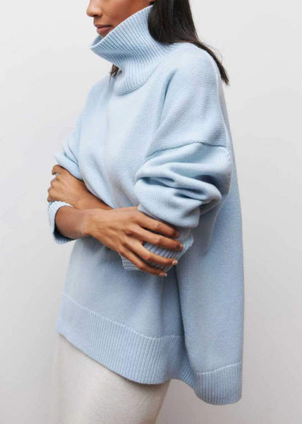 Spring Turtleneck Simple Blue Solid Knit Sweaters FashionChic