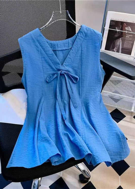 Bow Simple V Solid Cotton Blue Sleeveless Tank Neck FashionChic