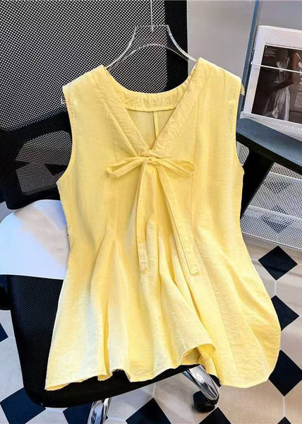 Bow Simple V Solid Cotton Blue Sleeveless Tank Neck FashionChic