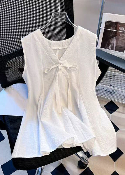 Bow Simple V Solid Cotton Blue Sleeveless Tank Neck FashionChic