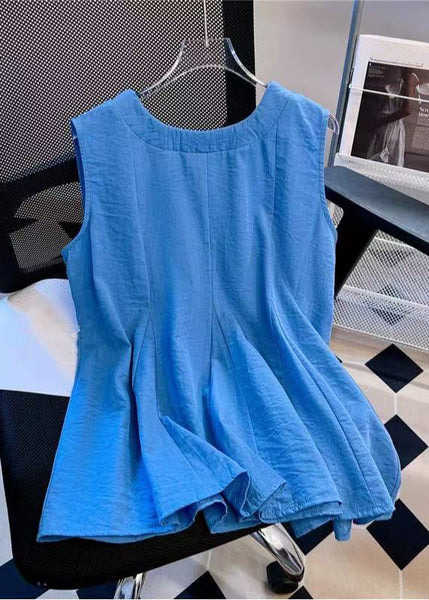 Bow Simple V Solid Cotton Blue Sleeveless Tank Neck FashionChic