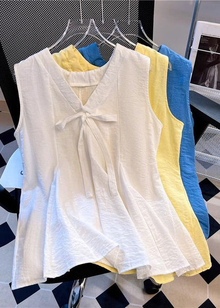 Bow Simple V Solid Cotton Blue Sleeveless Tank Neck FashionChic