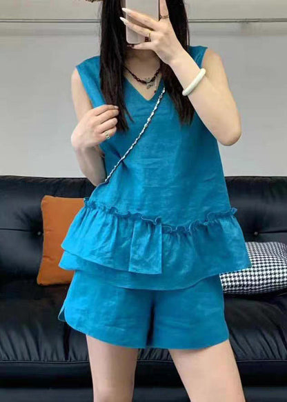 Set Two Blue Sleeveless Neck Linen Simple V Piece Ruffled FashionChic