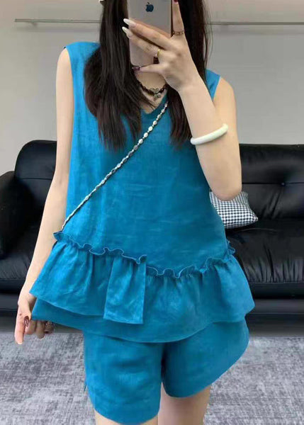 Set Two Blue Sleeveless Neck Linen Simple V Piece Ruffled FashionChic
