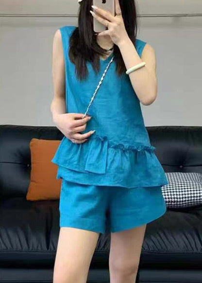 Set Two Blue Sleeveless Neck Linen Simple V Piece Ruffled FashionChic