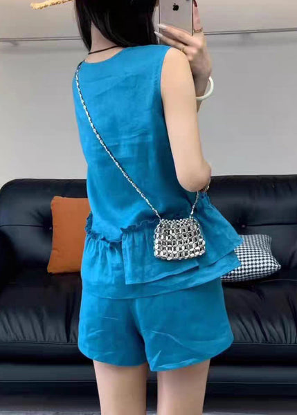 Set Two Blue Sleeveless Neck Linen Simple V Piece Ruffled FashionChic