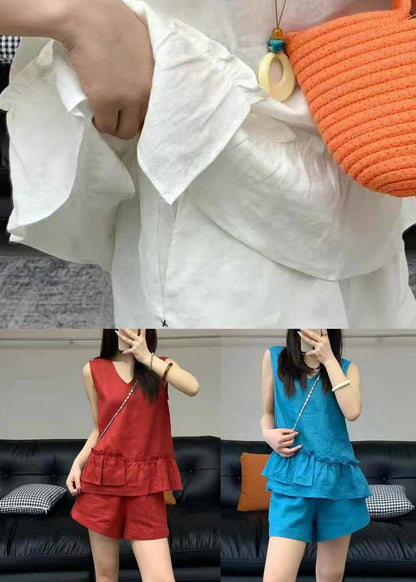 Set Two Blue Sleeveless Neck Linen Simple V Piece Ruffled FashionChic