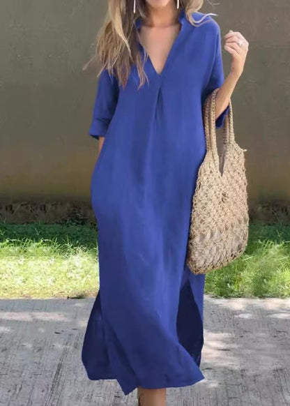 Dress Simple Linen Summer Blue V Side Open Neck Long FashionChic