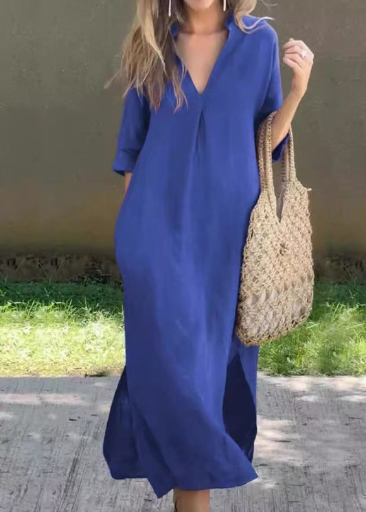 Dress Simple Linen Summer Blue V Side Open Neck Long FashionChic