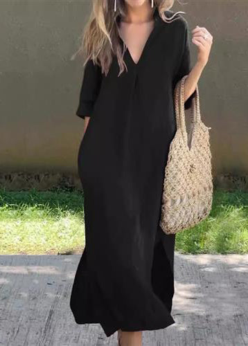 Dress Simple Linen Summer Blue V Side Open Neck Long FashionChic