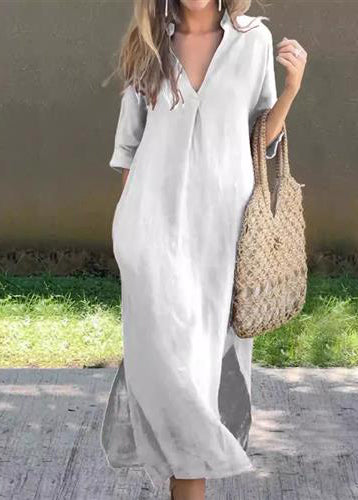 Dress Simple Linen Summer Blue V Side Open Neck Long FashionChic
