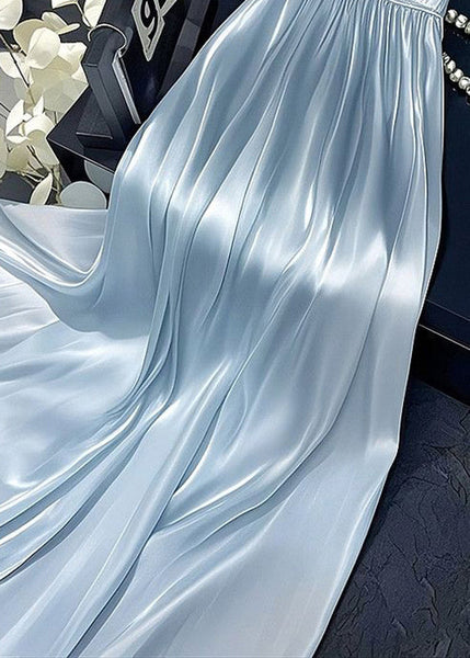 Solid Simple Wrinkled Skirt Waist Silk Elastic Summer Blue FashionChic