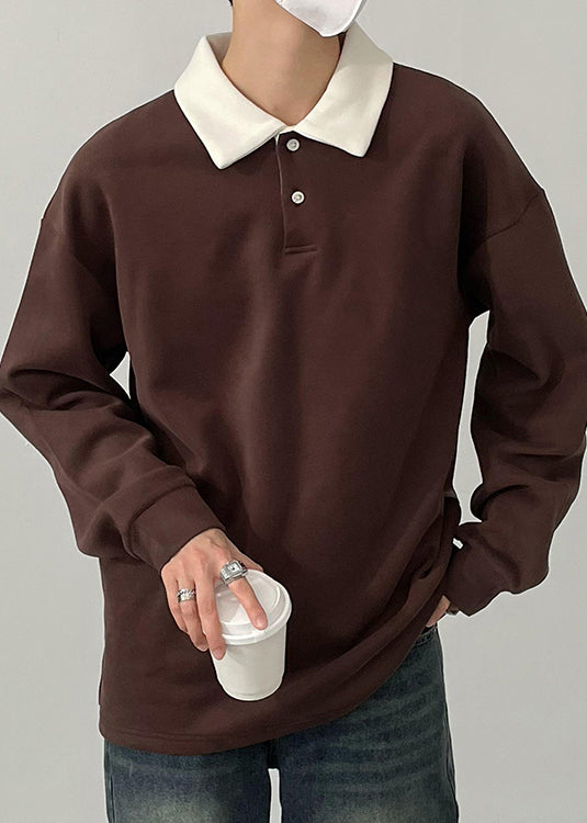 TC023 Spring Cotton Button Simple Shirt Brown Men Polo Patchwork