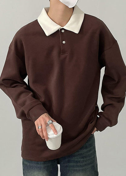TC023 Spring Cotton Button Simple Shirt Brown Men Polo Patchwork