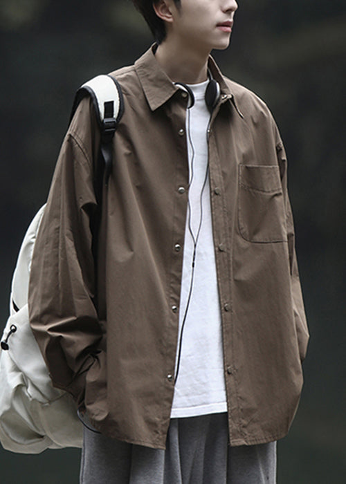 Men Simple Peter Brown Shirts Pan Collar Cotton Spring Button FashionChic